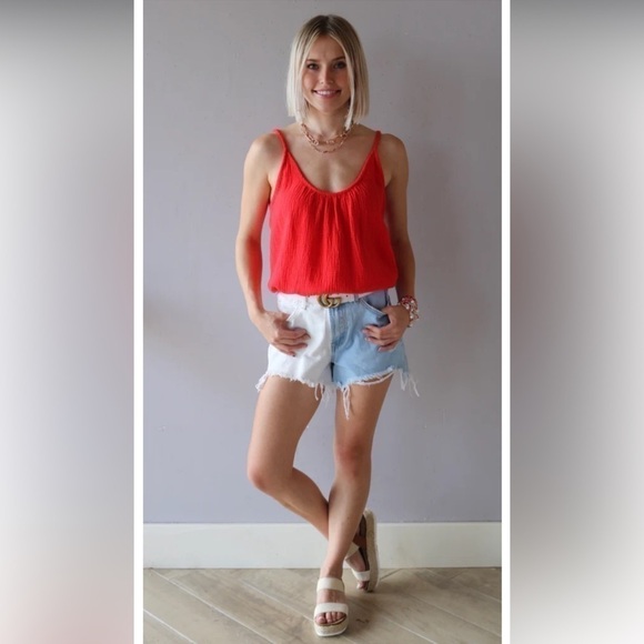 Vervet Rebecca Colorblock Denim Blue & White High Rise Distressed Shorts Size S - Picture 2 of 11